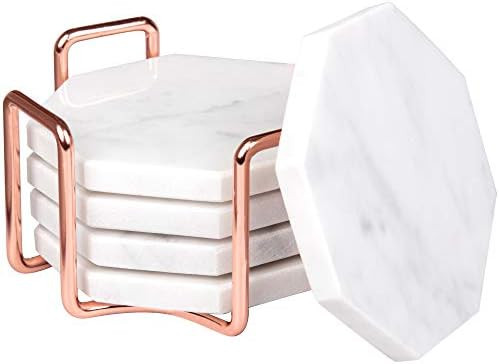 D’Eco White Carrara Marble Coasters with Rose Gold Holder- Set of 5 - Tabletop Protection for A... | Amazon (US)