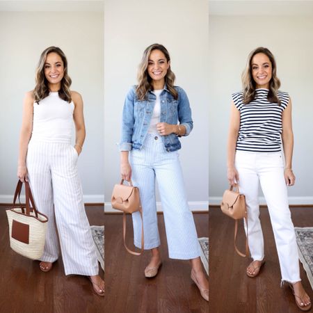 Spring outfit ideas! 
White tank top: petite xxs 
Wide leg pants: petite xxs/00 
Striped wide leg crop pants: petite xxs/00 
Denim jacket: petite xxs 
Striped top: petite xxs 

Abercrombie white jeans: 24 extra short 
Sandals: size up if in between sizes 
Flats: tts 
Bag is from Polene, I’m unable to link it. 

#LTKstyletip #LTKSeasonal