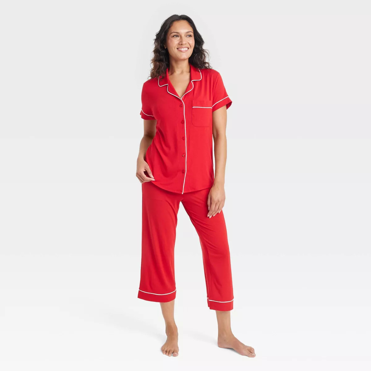 Women's Cloud Knit Short Sleeve Notch Collar Top and Cropped Pants Pajama Set - Auden™ | Target