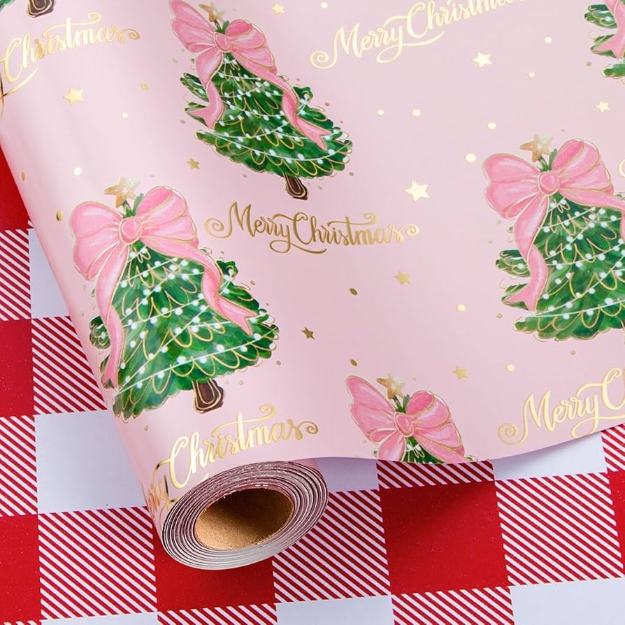 Homeral Christmas Reversible Wrapping Paper Roll - Pink Metallic Foil Shine Green Trees with Pink... | Amazon (US)