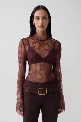 Alizette High Neck Long Sleeve Lace Top / Burgundy | MESHKI | XS | MESHKI US