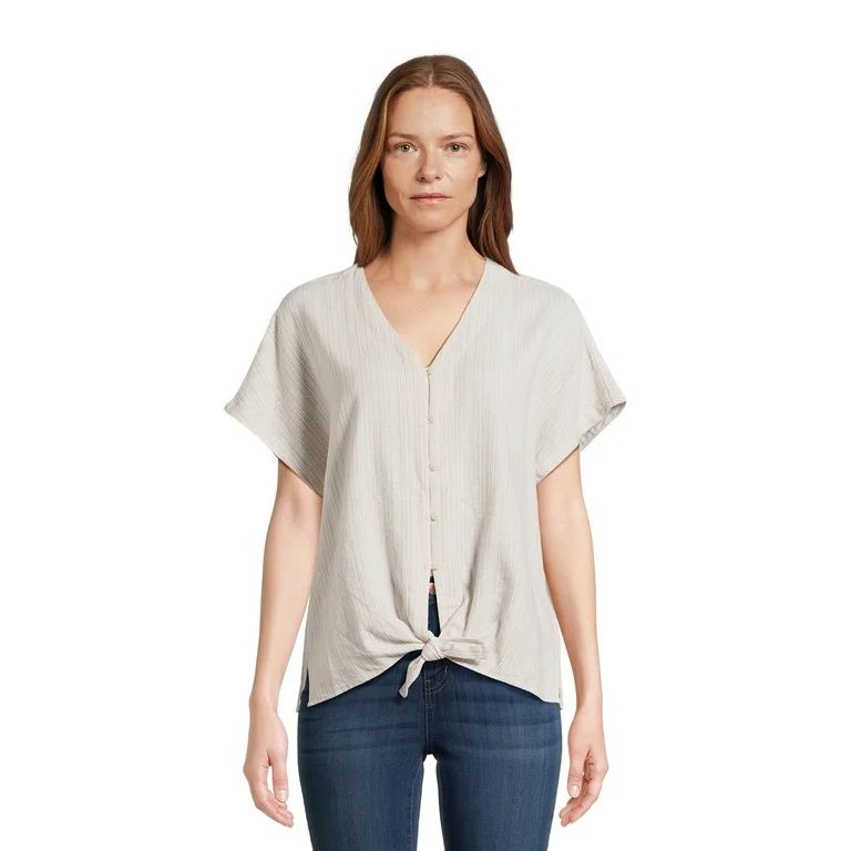 Time and Tru Women's Linen Blend Tie Front Top, Sizes S-XXXL | Walmart (US)