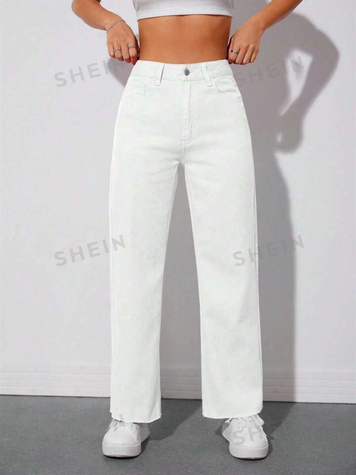SHEIN PETITE Solid Raw Hem Straight Leg Jeans | SHEIN USA | SHEIN
