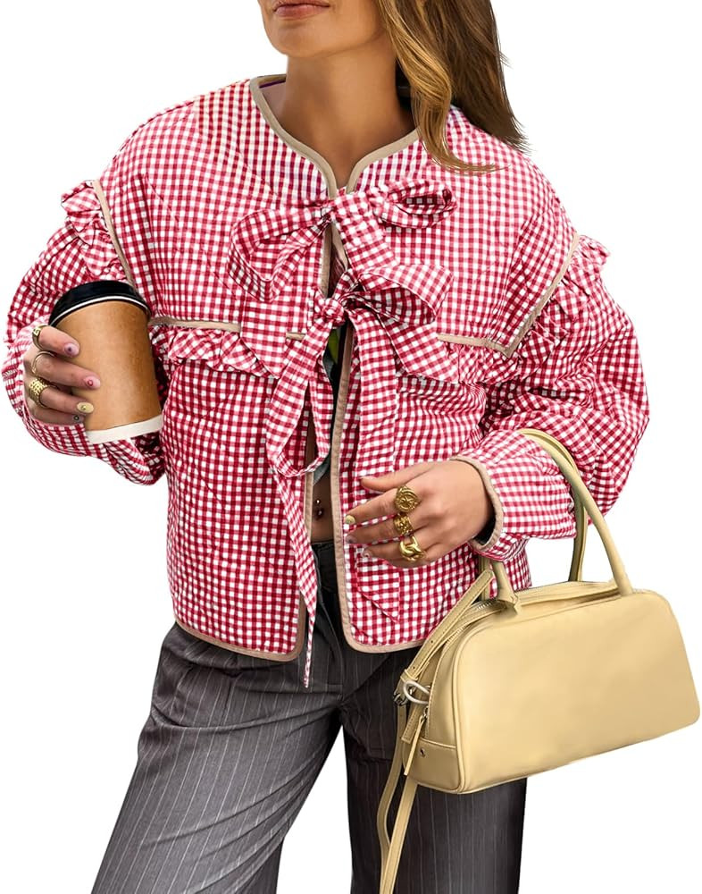 Tankaneo Womens Plaid Quilted Jackets Tie Front Lightweight Cropped Jacket Ruffled Puffer Padded ... | Amazon (US)