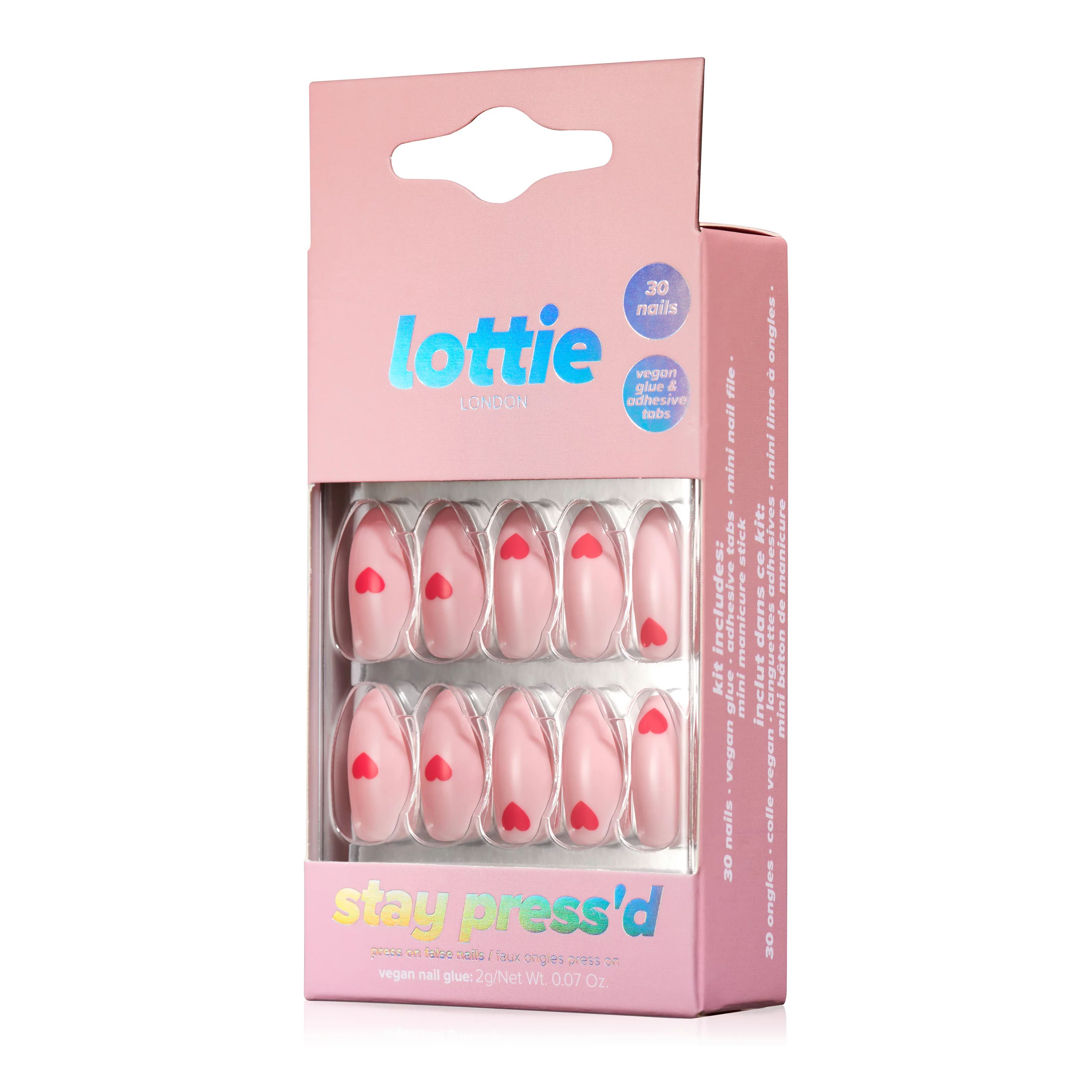 Lottie London Stay Press'd, Press On Nails Set, Pink Hearts-Almond shape, Heart to Heart, 30 nail... | Walmart (US)
