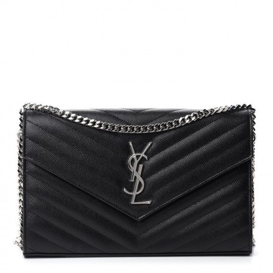 SAINT LAURENT Grain De Poudre Matelasse Chevron Monogram Chain Wallet Black | Fashionphile