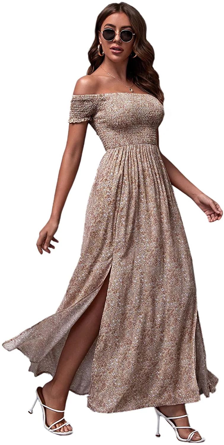 Floerns Women's Boho Floral Print Off Shoulder Split Long A Line Dress | Walmart (US)