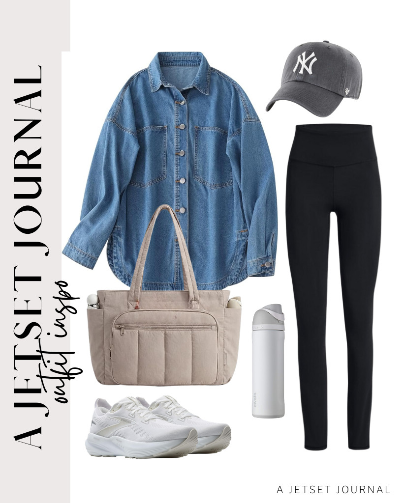 For a relaxed morning walk, carry a BAGSMART quilted tote bag that can fit a stainless steel water bottle. Wear this sky-blue denim jacket and black leggings. I love how comfy these Brooks running shoes are. 

 #LTKSeasonal #LTKSaleAlert #LTKTravel