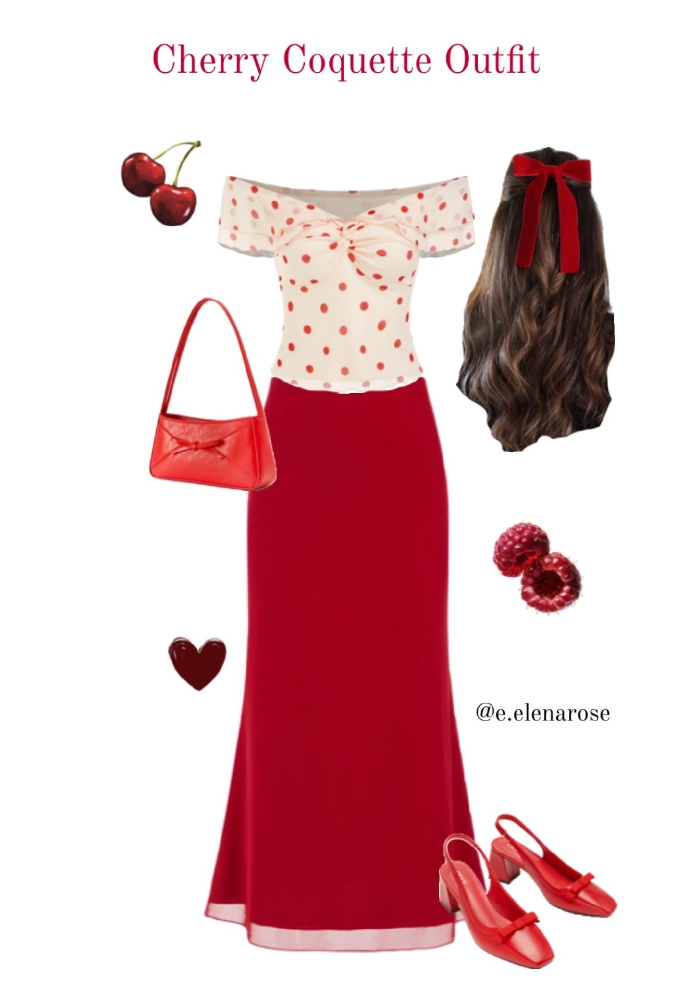 Cherry Coquette Summer Outfit

cherry coquette outfit, red maxi skirt outfit, polka dot top, feminine summer outfit, coquette aesthetic, cherry girl outfit, red and cream outfit, romantic summer style, modest coquette outfit, bow hairstyle, red slingback heels, vintage inspired outfit, date night outfit, classy summer outfit, Pinterest outfit inspiration