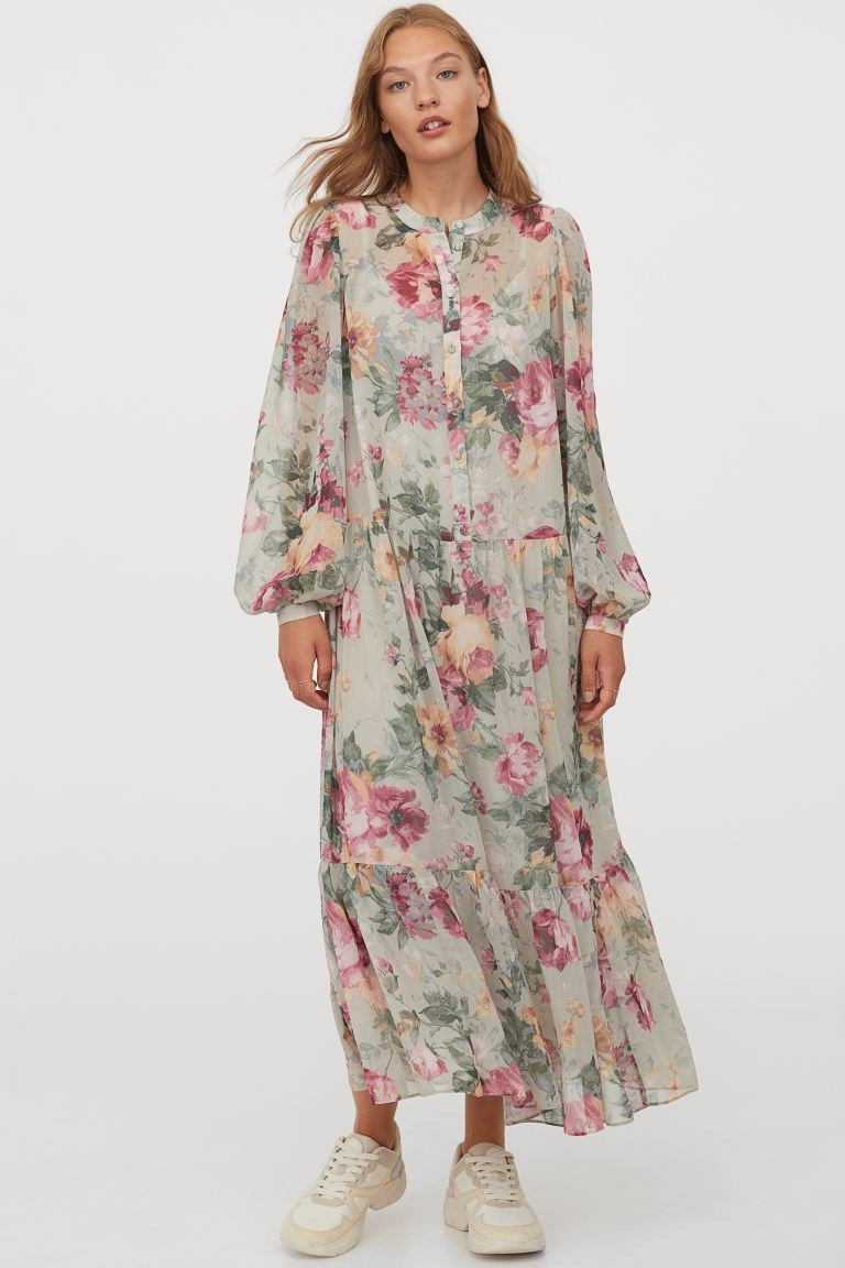 Calf-length dress in chiffon. Band collar, buttons at top, long, voluminous puff sleeves, and nar... | H&M (US + CA)