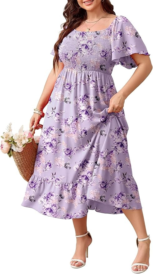 SCOMCHIC Women's Plus Size Summer Dress Casual Short Sleeve Scoop Neck Maxi Dress Smocked Ruffle ... | Amazon (US)