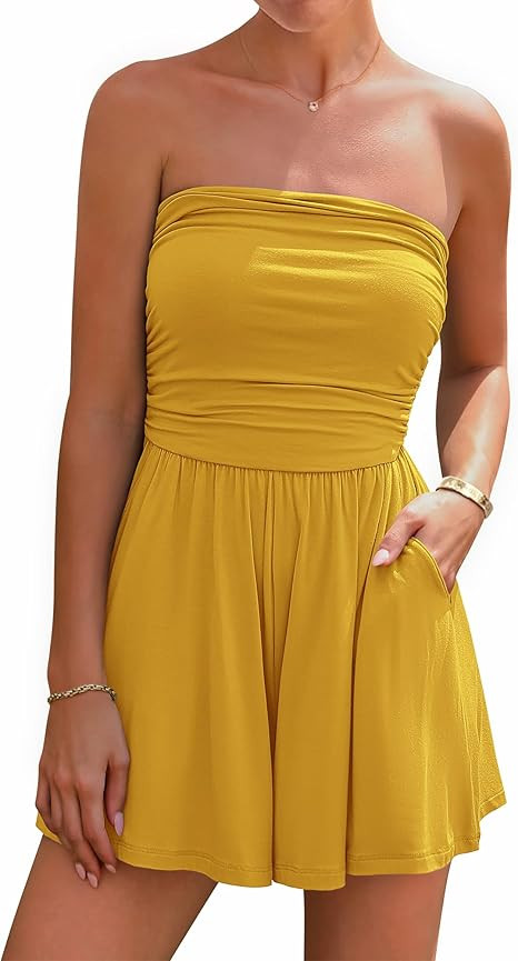 BTFBM Womens Romper 2026 Spring Summer Strapless Tube Tops Beach Vacation Clothes Boho Loose Shor... | Amazon (US)