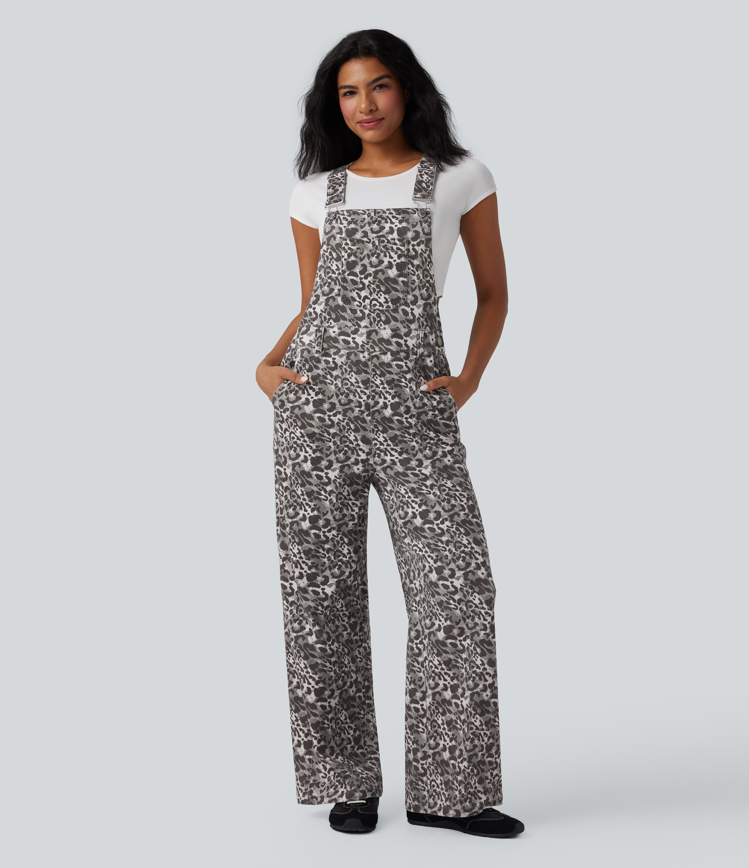Halara Halara Flex™ Leopard Print Denim Casual Overalls with Pockets - White Black Leopard Denim - M | HALARA