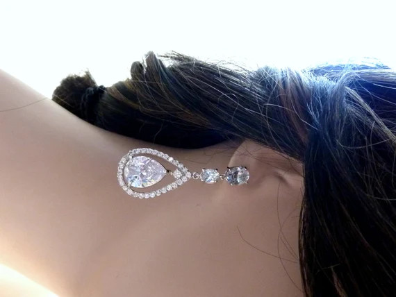 Sales - Wedding Bridal Earrings BIG Halo White Clear Pear Shaped Cubic Zirconia Hoop Platinum Pla... | Etsy (US)