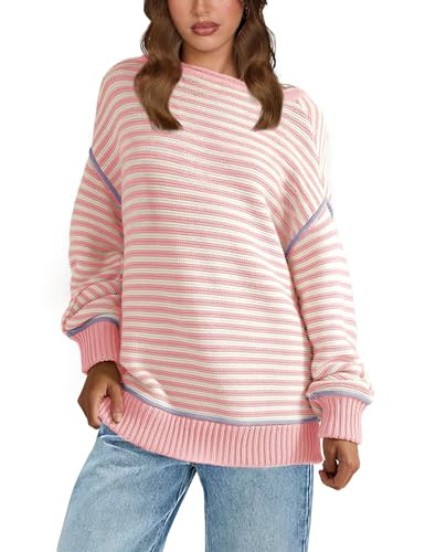 Cazaddi Women's Oversized Striped Sweater Long Sleeve Crew Neck 2025 Fall Pullover Sweater Tops (Pink-XS) | Amazon (US)