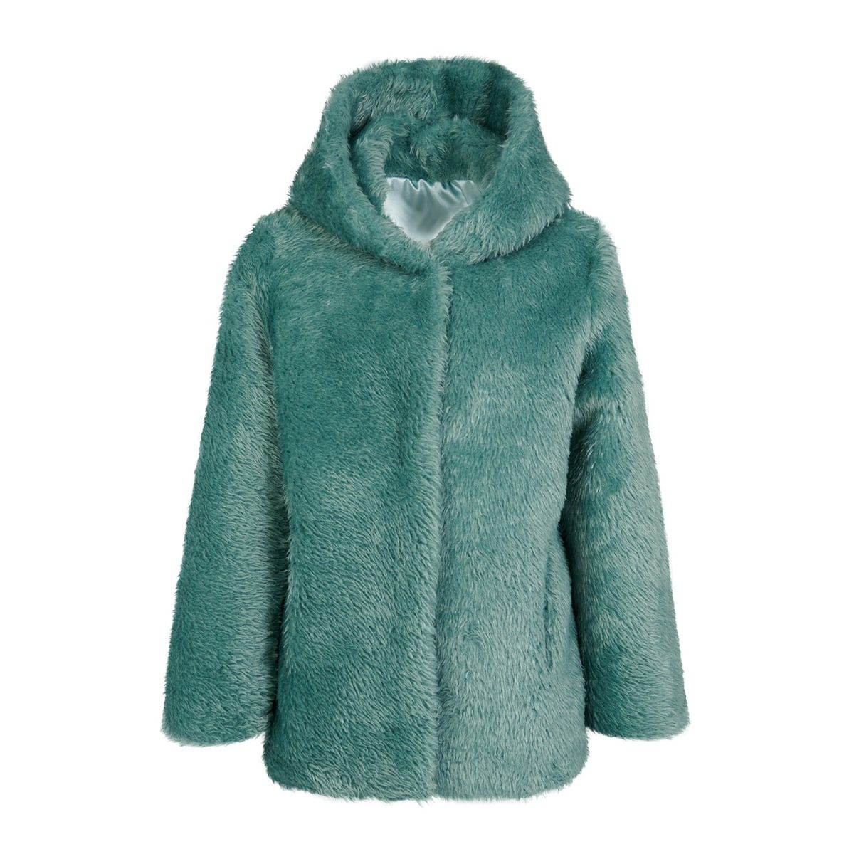 Elena Hooded Teddy Short Coat In Teal Green | Wolf & Badger (US)
