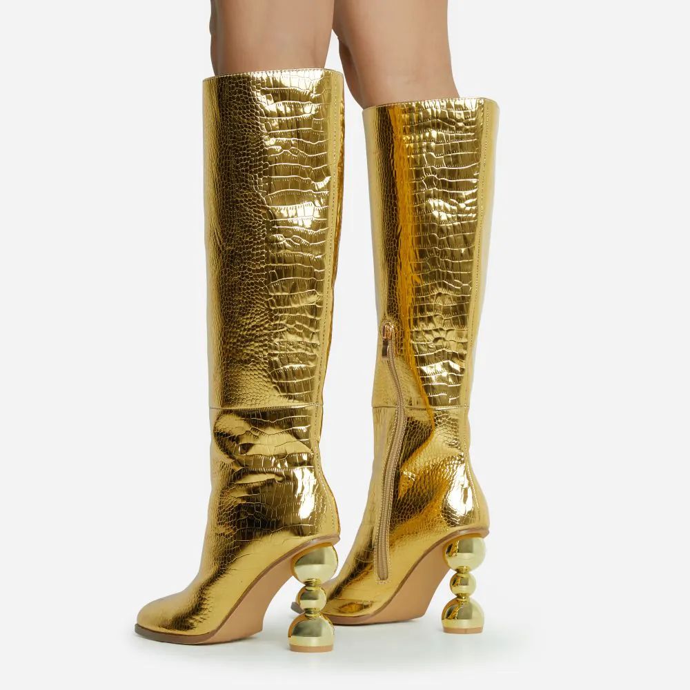 Highland Square Toe Statement Metallic Heel Knee High Long Boot In Gold Croc Print Faux Leather | EGO Shoes (US & Canada)
