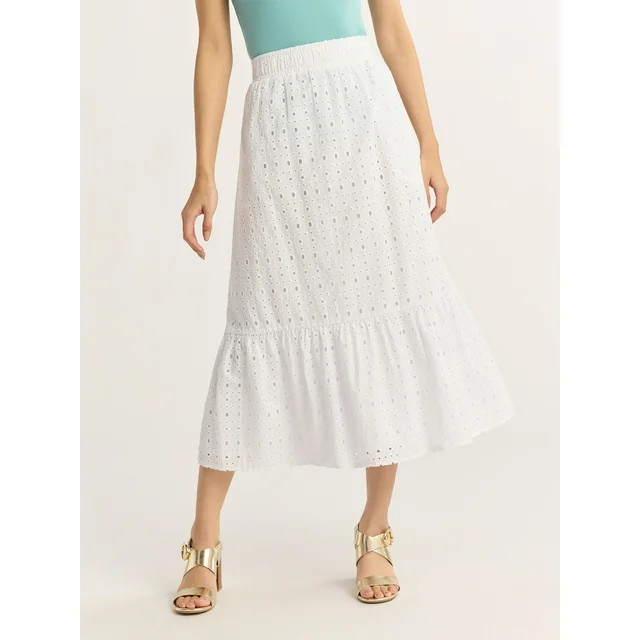 Time and Tru Woman's Cotton Eyelet Tiered Midi Skirt with Elastic Waistband, Sizes XS-XXXL | Walmart (US)
