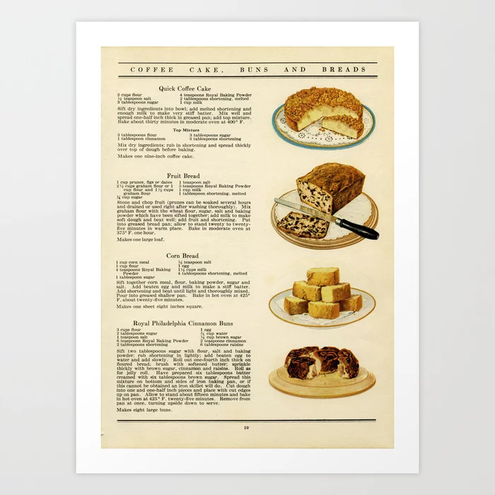 Vintage Cookbook Recipes Coffee Cake, Fruit Bread, and Cinnamon Buns  Art Print | Society6