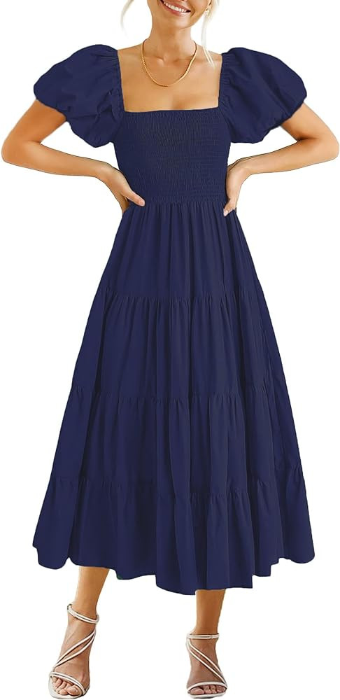 GOLDSTITCH Women's Smocked Maxi Dress Square Neck Ruffle Hem Puffy Short Sleeve Flowy Midi Dress | Amazon (US)