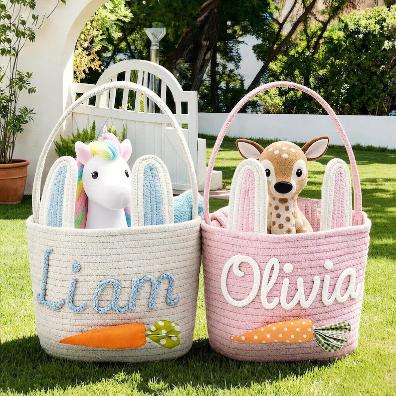 Personalized Easter Basket - Embroidered Name, Cotton Cord Bunny Basket - Etsy | Etsy (US)