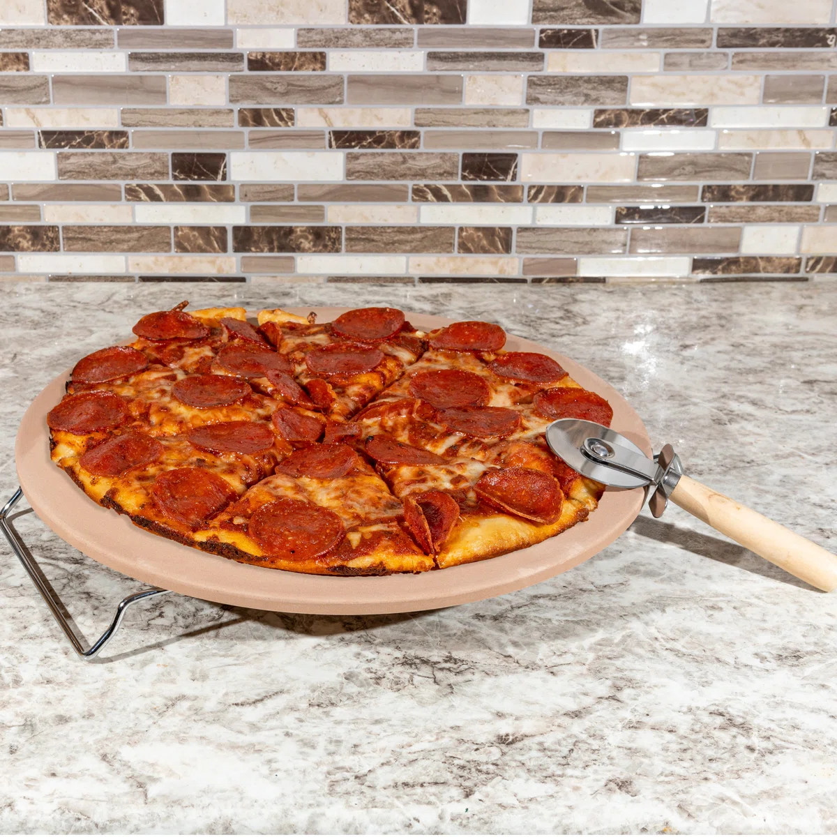 Pizza Stone - 15-Inch Pizza Stone for Oven or Grill with Pizza Cutter and Metal Serving Rack/Hand... | Wayfair North America
