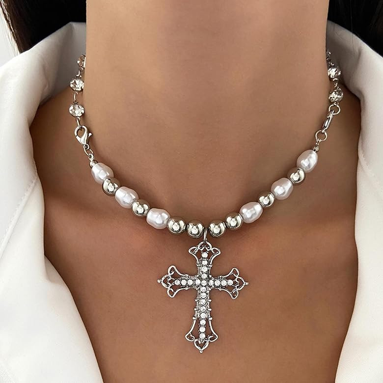 YienDoo Punk Crystal Cross Pearl Necklace Choker Gothic Pave Rhinestone Cross Crucifix Pendant Ne... | Amazon (US)