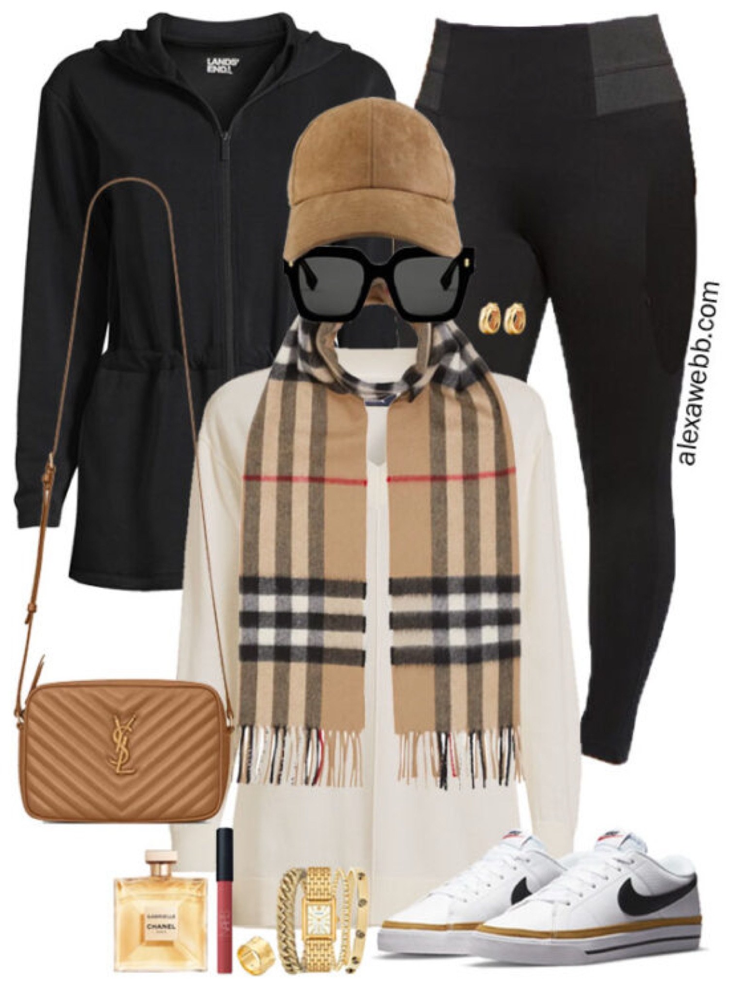Plus Size Black Leggings Outfits - A plus size casual outfit for fall and winter with my favorite ponte knit leggings, an ivory tunic sweater, Burberry check scarf, suede baseball cap, YSL crossbody bag, and Nike sneakers. Alexa Webb

#LTKSeasonal #LTKPlusSize #LTKStyleTip