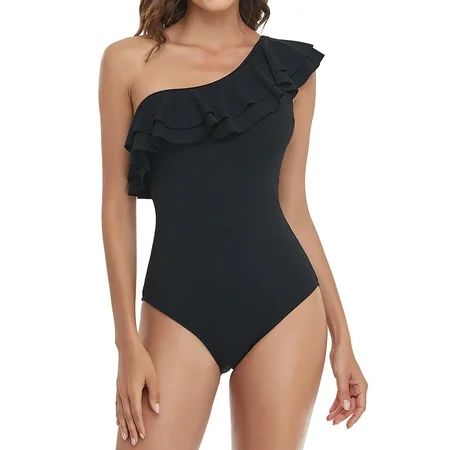 Swimsuit Women s Solid Color One Shoulder Ruffle Bikini Conservative Swimwear | Walmart (US)