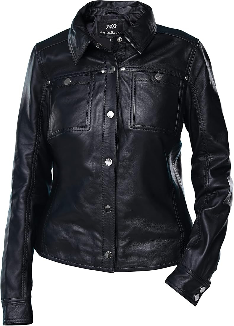 Womens Button Front Lambskin Leather Jacket Shacket - Casual Shirt Long Sleeve Leather Jacket Women with Bust Pocket | Amazon (US)