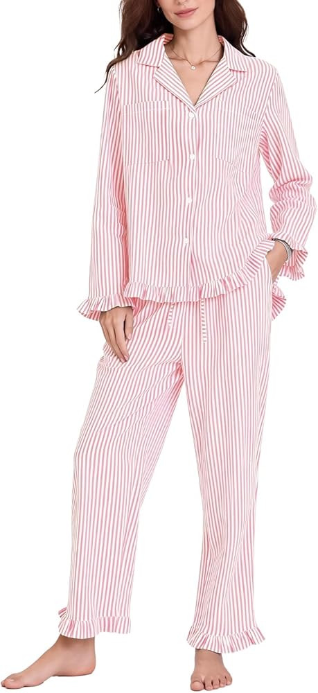 Flygo Womens Striped Pajama Sets 2 Piece Cotton Lounge Sets Button Down Top Straight Leg Pants wi... | Amazon (US)