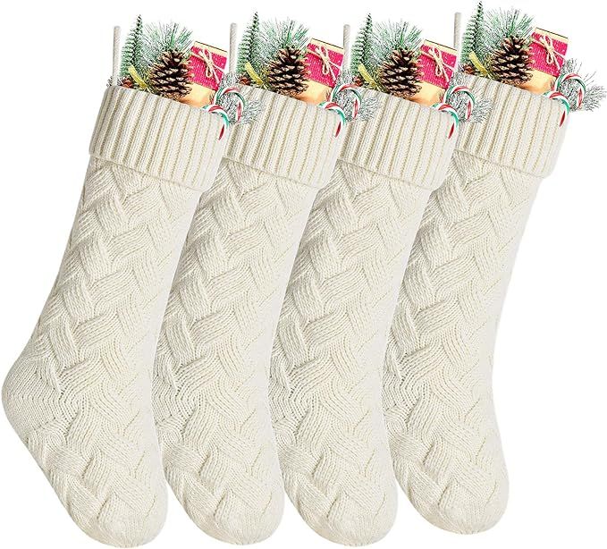 Kunyida Pack 4,18" Unique Ivory Cream Knit Christmas Stockings | Amazon (US)