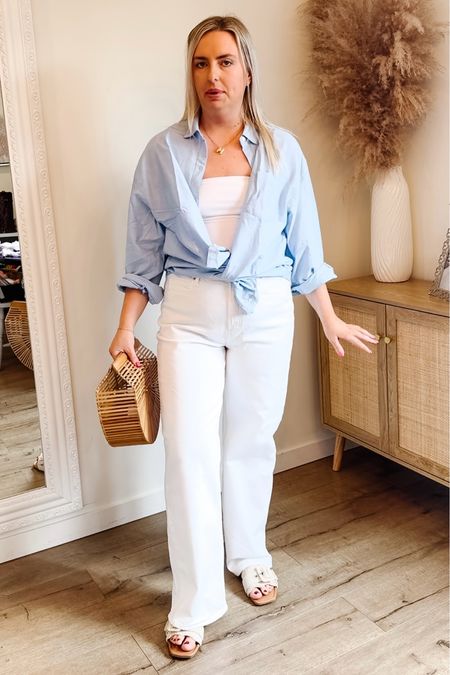 Midsize outfit
White jeans
Button down shirt
Tube top
Summer bag
Wooden purse

Size large tops
Size 12 jeans 

#LTKitbag #LTKfindsunder50 #LTKmidsize