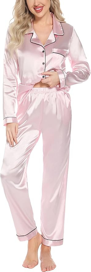 Samring Women's Silk Satin Pajamas Set Long Sleeve Sleepwear Two Piece Button Down Pj Set with Po... | Amazon (US)