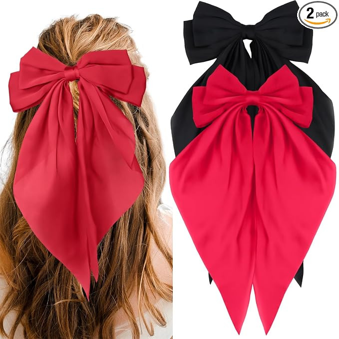 2PCS Red Hair Bow Black Halloween Clip, Big Bows for Girls Black Bow for Hair Clips, Satin Coquet... | Amazon (US)