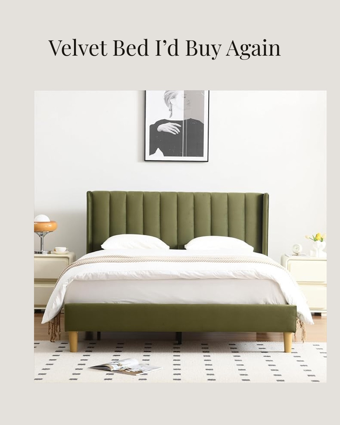 This velvet upholstered bed is one of those home purchases I’d truly buy again — the rich olive green color is even better in person, the velvet feels luxe but durable, and it instantly elevated our bedroom. I’m sharing both the brand photos and how it looks styled in our real home, layered with my tried and loved neutral bedding for a cozy, timeless look. If you’re looking for a modern upholstered bed that feels high-end without the high price tag, this one has been absolutely worth it and continues to be one of my most loved bedroom pieces.

#LTKSaleAlert #LTKHome #LTKFindsUnder100