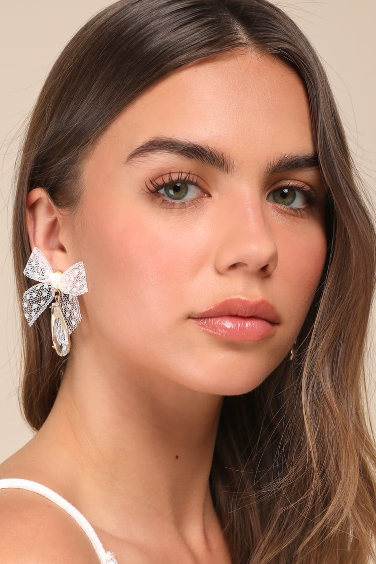 Successful Elegance White Tulle Bow Rhinestone Earrings | Lulus