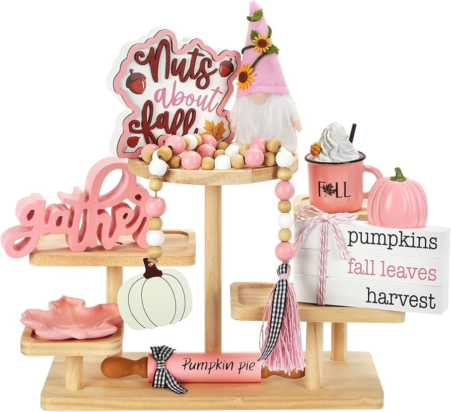 Fall Decorations for Home 8PCS Tabletop Pink Fall Tiered Tray Decor Set | Amazon (US)