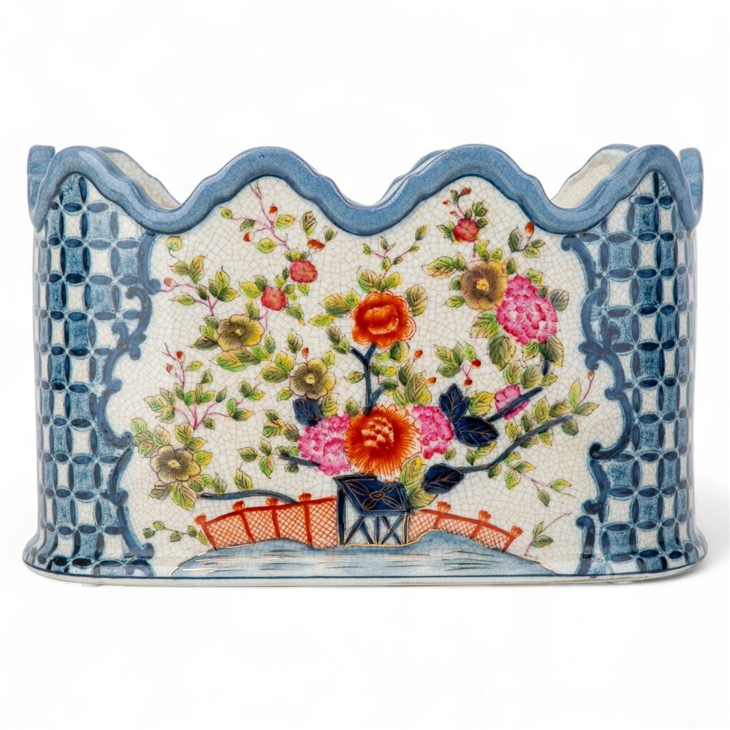 Garden trellis blue floral scalloped top oval PORCELAIN PLANTER | eBay US