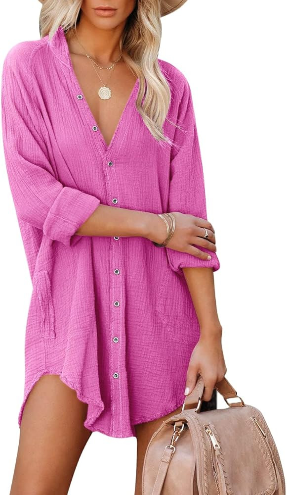 Paintcolors Women's Long Sleeve Button Down Tunic Dresses Beach Cover-ups Oversized Blouse Tops w... | Amazon (US)