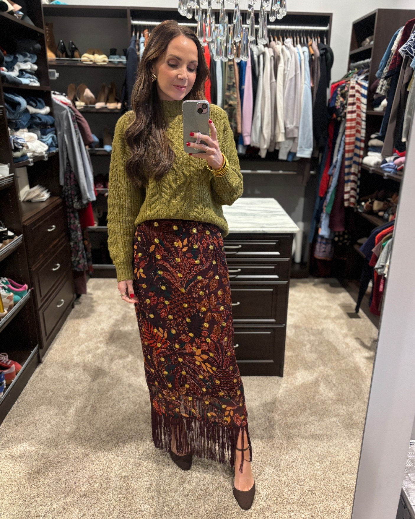 Sunday outfit. This farm Rio skirt is old, but I linked some similar options! Sweater is $35 and I’m wearing a size small. Heels are on huge sale and very comfortable.