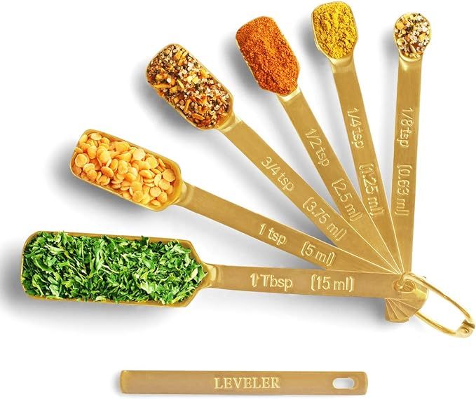 2lbDepot Gold Measuring Spoons - Set of 7 Includes Leveler - Premium Heavy-Duty Stainless Steel, ... | Amazon (US)