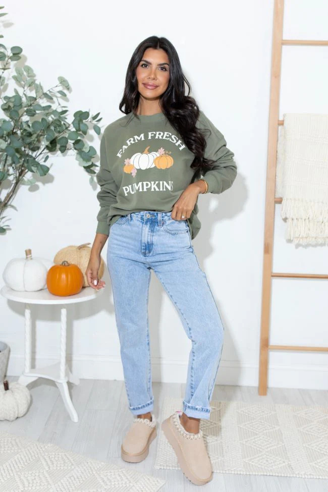 Farm Fresh Pumpkins Olive Oversized Graphic Sweatshirt | Pink Lily
