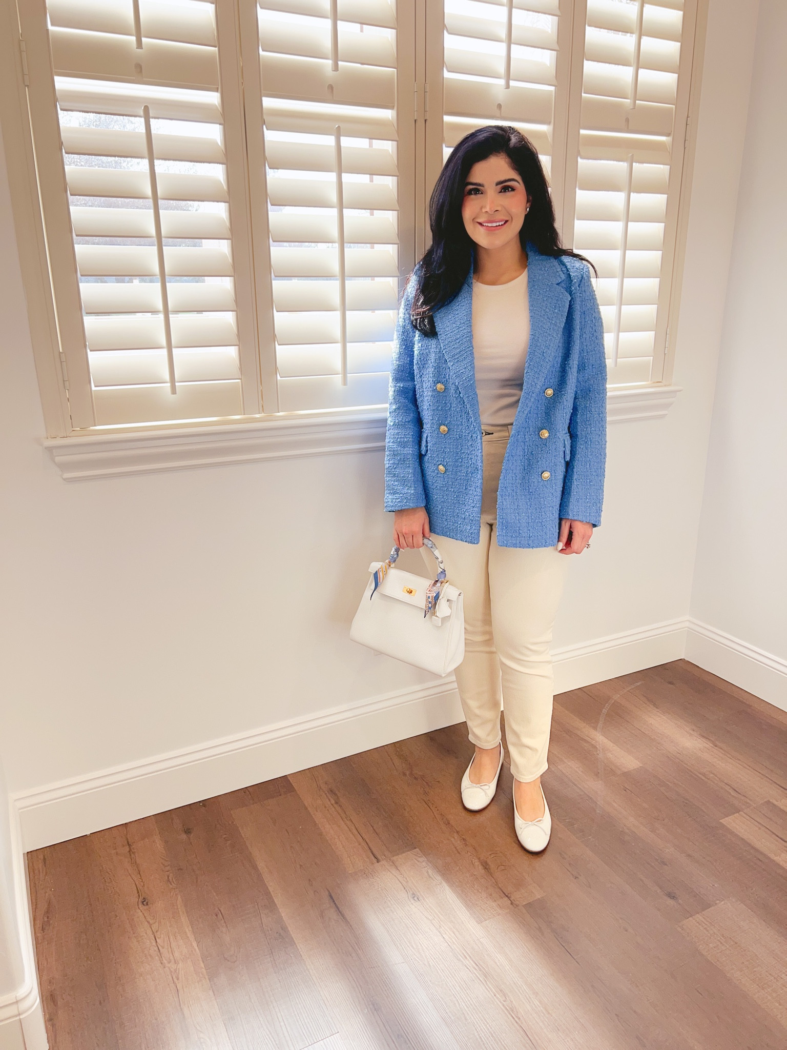 Blue is one of my favorite colors 🤍. 

Tweed blazer, blazer, ootd, white flats, flats, Chanel flats, white tee, jeans, white jeans, Kelly 28, Hermes bag, classy outfits, classy looks

#LTKU #LTKFind #LTKunder100