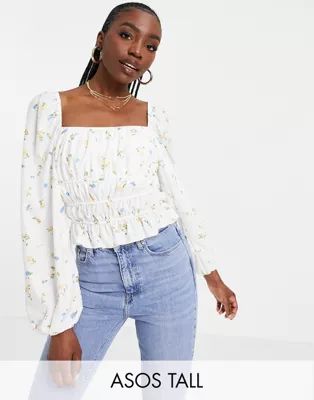 ASOS DESIGN Tall square neck shirred waist long sleeve top in floral | ASOS (Global)