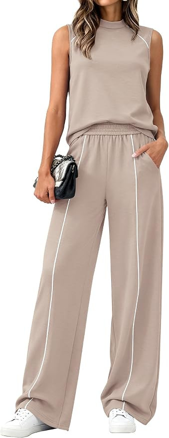 BTFBM Womens 2 Piece Lounge Set 2026 Striped Travel Outfits Sweatsuit Mock Neck Tank Top Wide Leg... | Amazon (US)