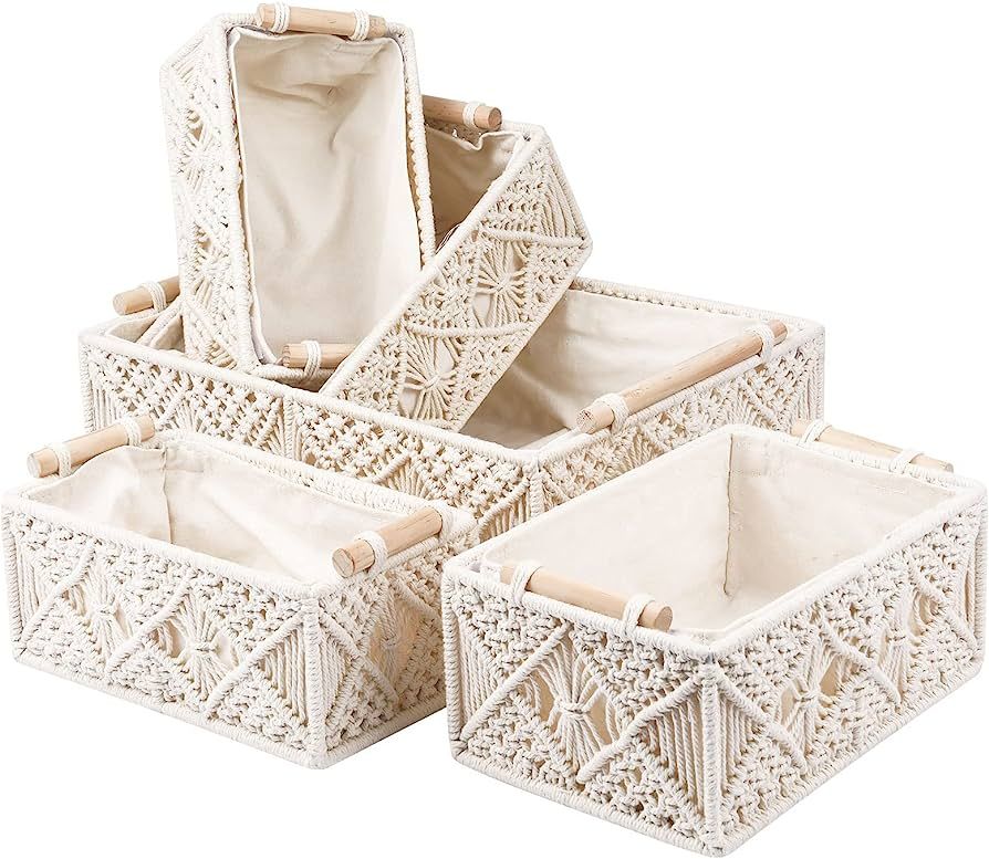 ANMINY 5PCS Macrame Storage Baskets Set Handmade Woven Cotton Rope Storage Bins Decor Boho Nurser... | Amazon (US)