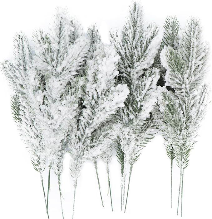 12Pcs Snowy Artificial Pine Needles Branches Twigs 10.6" Fake Frosted Pine Picks Greenery Stems C... | Amazon (US)