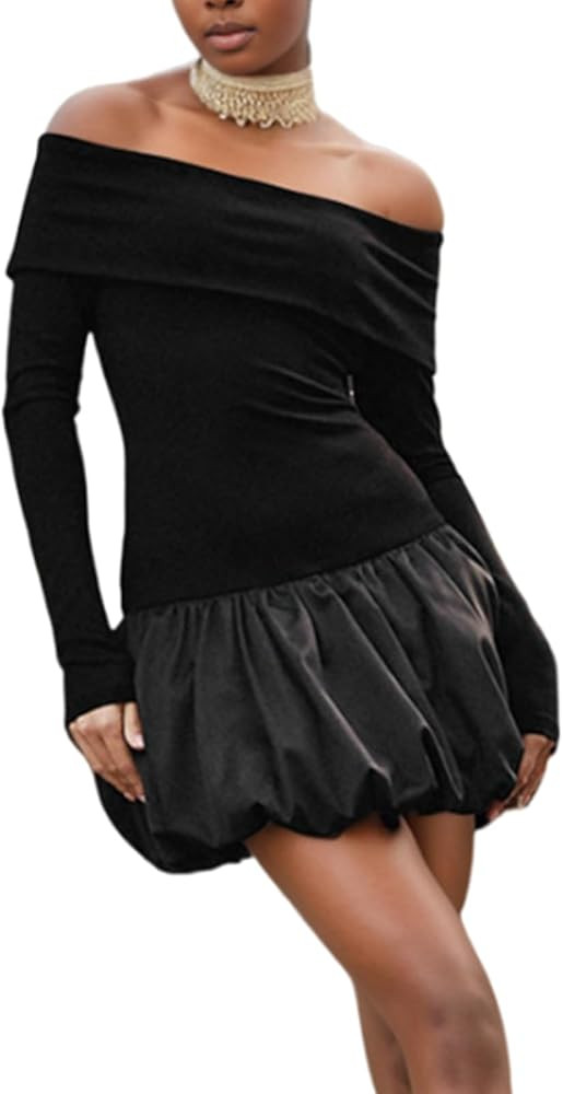 GEMEIQ Women's Sexy Off Shoulder Long Sleeve Party Mini Dress Color Block Loose Hem A-line Bodyco... | Amazon (US)