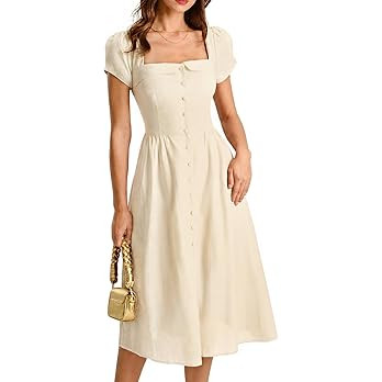 RIHOAS Elegant Casual Dresses for Women Short Sleeve Puff Square Neck A-Line Midi Dress | Amazon (US)